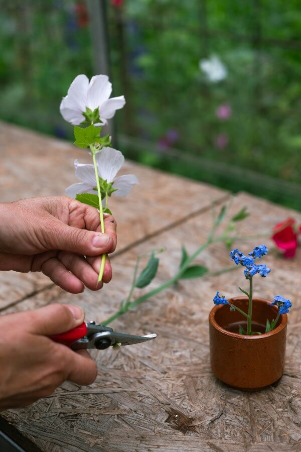 Kenzan aan het vullen met bloemen